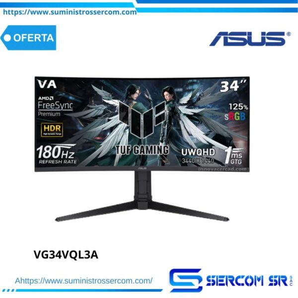 MONITOR ASUS TUF GAMING VG34VQL3A/ CURVO/ 180HZ/ 1MS/ FREESYNC/ 34