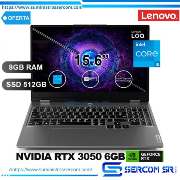 LAPTOPS LENOVO LOQ 15IAX9 I5-12450HX/ 8GB/ SSD512GB/ RTX3050 6GB/ 15.6 FHD/ FREEDOS/ 83GS006WLM