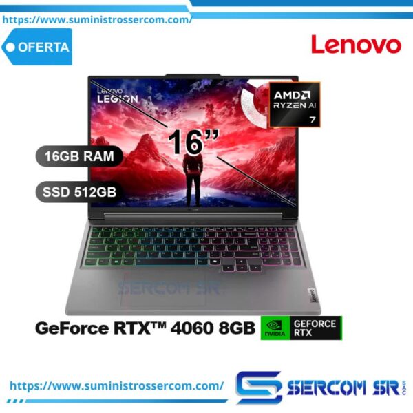 LAPTOP LENOVO SLIM5 16AHP9 LEGION RYZEN7 8845HS/16GB/SSD512GB/RTX4060-8GB/83DH0086LM